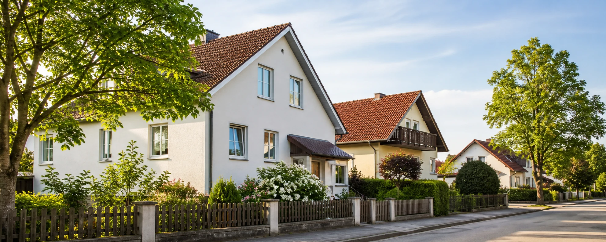 Heller Wohnstraßenzug mit gepflegten Häusern und Gärten