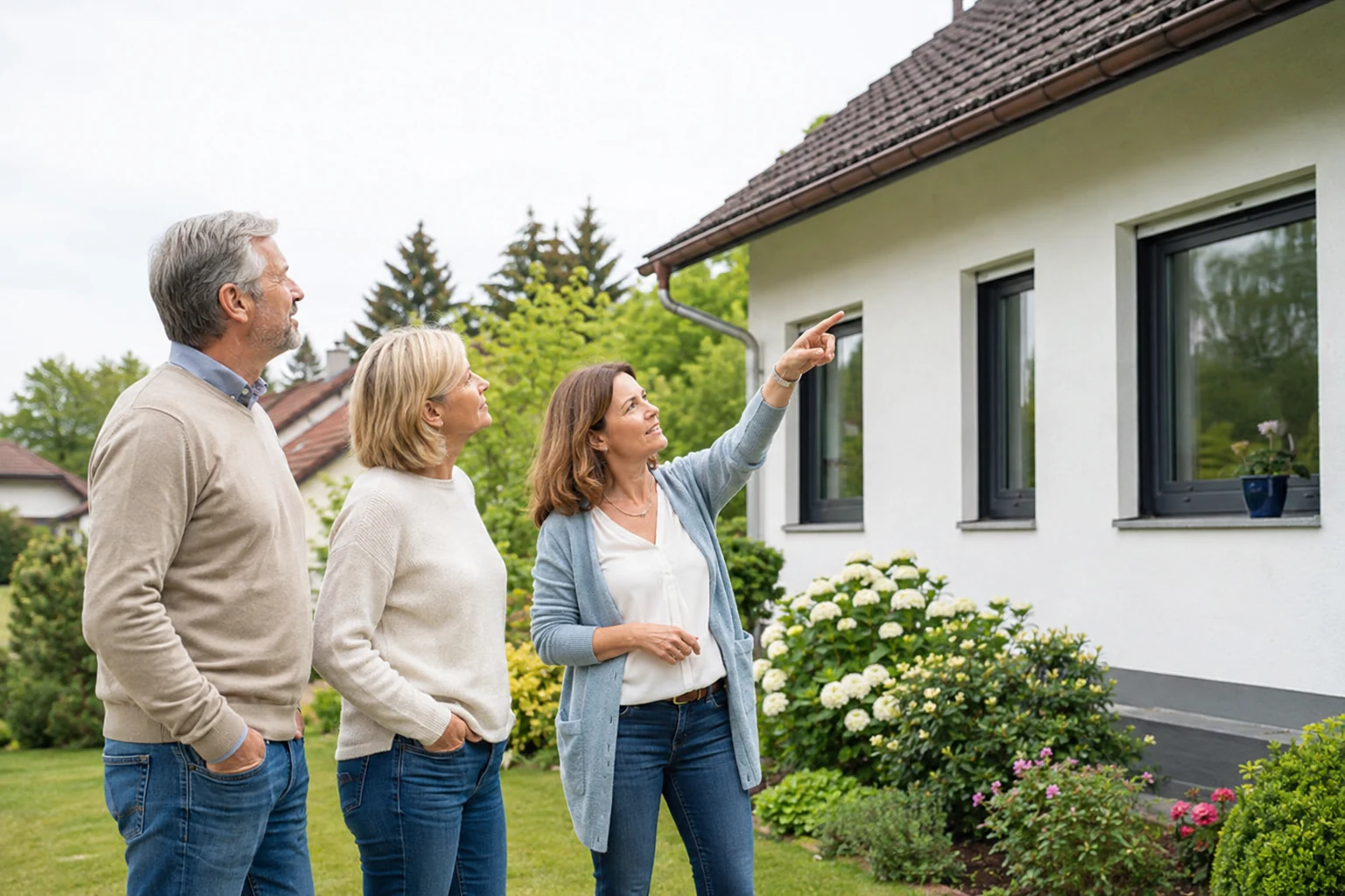 Eigentümerpaar betrachtet mit einer Immobilienberaterin die Fassade seines Hauses