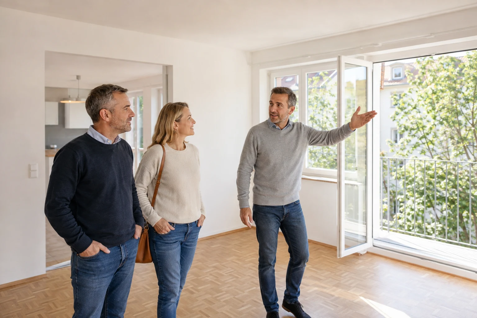 Kaufinteressenten besichtigen mit einem Immobilienberater eine helle Wohnung